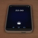 Szary telefon z włączonym ekranem pokazującym godzinę, zablokowany ekran i czarne tło leżący na stole.