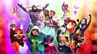 Drużyna bohaterów radują się. Za nimi jest tęczowe tło.