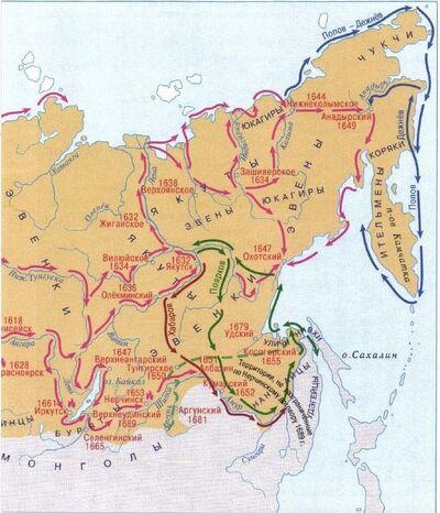 Походы русских землепроходцев в 17 веке карта