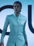 Aline in her labcoat outfit during Back in the Game