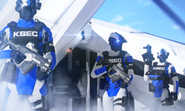 Enforcers marching outside of a VTOL