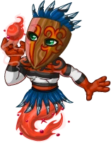 Magixio, a humanoid Fire-type Miscrit. Its face is a wooden mask with painted decorations and blue feathers adorning the top. Its torso has red, black, and white srtipes, the shoulders decorated with black swirls. The bottom part of its body has no legs, but is a ball of fire underneath a 'skirt' of blue feathers. It holds a floating flame of fire on one hand.