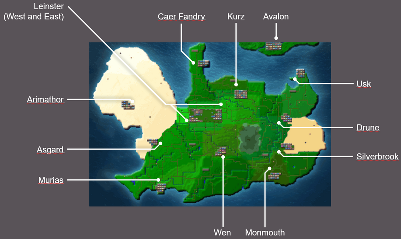 Towns as they appear in the in-game world map.