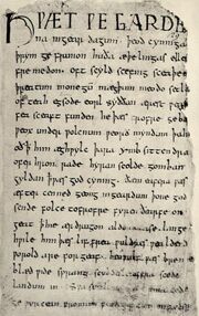 Primera página del manuscrito de Beowulf.