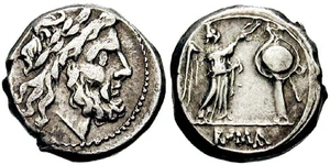 Monedacon cabeza laureada de Júpiter (anverso) y Victoria en pie (reverso). ("ROMA" bajo el relieve"