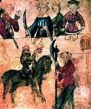 Arturo (arriba y centro) en la ilustración de Sir Gawain y el Caballero Verde (finales del siglo XIV)