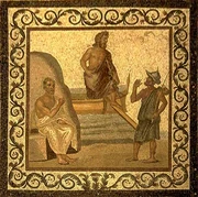 Asclepio (Centro) llega a Cos y es saludado por Hipócrates (izquierda) y un ciudadano (Derecha), mosaico, siglo II-III d.C