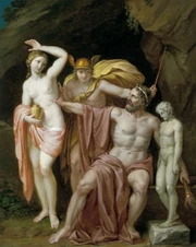 Zeus prepara a Pandora con la presencia de Hermes, una pintura de Josef Abel