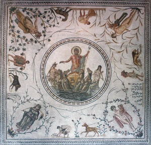 Triunfo de Neptuno, mosaico romano con las estaciones en cada esquina y escenas agrícolas y flora (La Chebba, Túnez, finales del siglo II, Museo Nacional del Bardo)