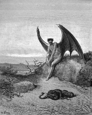 Gustave Doré, ilustración de Paraíso perdido, libro IX, 179–187: "Después de explorar Satán la tierra con la más maligna intención, vuelve de noche al Paraíso introduciéndose
en forma de vapor acuoso en el cuerpo de la Serpiente que yacía dormida