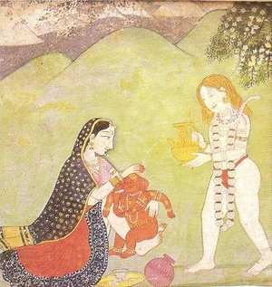 Parvati y Shiva bañando a Ganesha, miniatura Kangra, siglo XVIII, Museo Allahbad, Nueva Delhi
