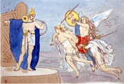 Representación del dios Heimdallr mientras las valquirias llevan a un muerto al Valhalla (1906) por Lorenz Frølich