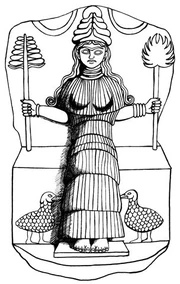 Posiblemente la diosa  Bau/Baba, sentada en un trono flanqueada por palmeras y dos criaturas, posiblemente aves acuáticas, a sus pies