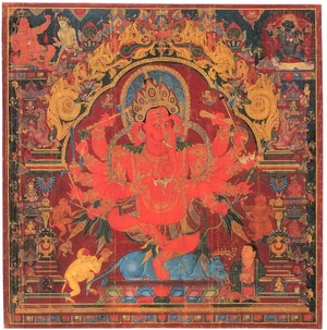 "Ganesh bailando. Tíbet central. Comienzo del siglo XV. Colores en lana. Altura: 68 centímetros".'"`UNIQ--ref-000000C1-QINU`"' Esta forma también se conoce como Maharakta ("El gran rojo")