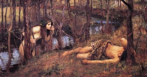 Una náyade, por John William Waterhouse, 1893; una ninfa acuática se aproxima al durmiente Hilas