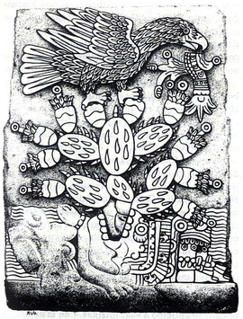 La serpiente representa a Malinalxóchitl y el águila a Mexi, ambos posados sobre el inerte cuerpo de Copil sobre el que ha crecido un nopal. Símbolo de la victoria de Huitzilopochtli sobre el mal.