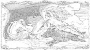 Reclinándose sobre su jabalí Hildisvíni, Freyja visita a Hyndla en una ilustración (1895) de Lorenz Frølich