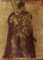 Ilustración del rey arturo en la versión galesa del siglo XV de  Historia Regum Britanniae de Godofredo de Monmouth