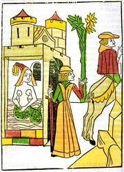 Raymond entra en el baño de su esposa, Melusine, y descubre que tiene la mitad inferior de una serpiente. Jean d'Arras, Le livre de Mélusine, 1478.