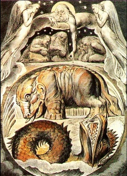 Behemot y Leviatán, acuarela de William Blake de su Ilustraciones del Libro de Job.