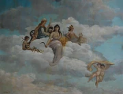 Fresco en el techo del salón de tapices del Círculo de Contribuyentes en Alcalá de Henares (Comunidad de Madrid - España). Pintado por Samuel Luna López, en 1907, en conmemoración del III Centenario de la publicación de la primera parte del Quijote. Representa, de izquierda a derecha, a Atenea (diosa de la industria) a Ceres (diosa de la agricultura) y a Hermes (dios del comercio).