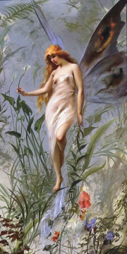 Representación clásica de una pequeña hada con alas de mariposa usada normalmente en la época moderna. Luis Ricardo Falero, 1888.