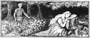 Sif duerme mientras Loki acecha detrás en una ilustración (1894) de A
