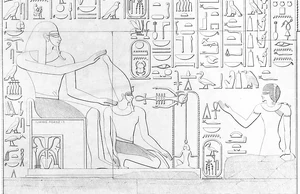 Dedun (izquierda) coronando a Tutmosis III (arrodillado)