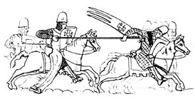 Rittergefecht mit Lanzen, an denen die Fahne angebracht ist (13. Jh.)