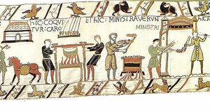 Bayeux Tapestry - Meat is being cooked. The servants have served