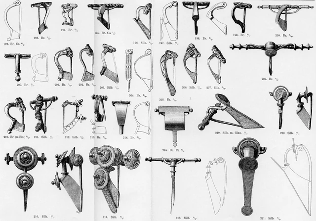 Almgren Brooches 09.jpg (1.004 KB) Tafel IX -Almgrem Typ VII: Zweigliedrige Armbrustfibeln mit hohem Nadelhalter