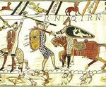 Teppich von Bayeux (Szene 56): Krieger mit Tropfen- u. Ovalschilden
