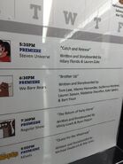 A premiere schedule listing the episode with writer/storyboarder credits