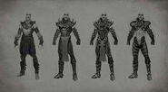 Concept art of multiple attire ideas for Quan Chi