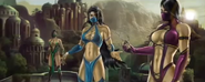 Kitana offering Mileena a place to stay within her palace and to join forces as depicted in Kitana's MK9 ending.