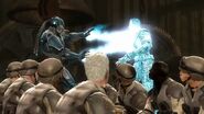 Cyber Sub-Zero freezes Kano in time to free his prisoners