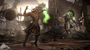 Ermac fighting Raiden on the Destroyed City arena.