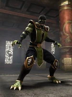 Reptile with his ancient Zaterran medal in Mortal Kombat: Shaolin Monks.