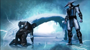 Raiden, as he approaches the newfound Lin Kuei leader at the time, Sub-Zero (Kuai Liang), to join his and Earthrealm's cause