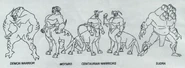 Sudra's model sheet and concept art, alongside other characters such as Motaro and his fellow Centaurians
