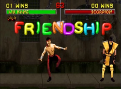 Johnny Cage can perform a glitched Friendship in Mortal Kombat 2 after  hitting his opponent with a stage Fatality