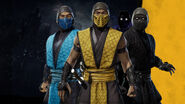 Sub-Zero along with Scorpion and Noob Saibot in a Promotional Render for the Klassic Arcade Ninja Skin Pack.