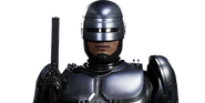 RoboCop holding his Auto-9 hand gun in his tower portrait.