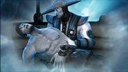 Raiden, as he finds and holds the deceased Liu Kang's body at the Wu Shi Academy grounds.