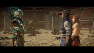 Liu Kang and Raiden conversing with Kotal Kahn.