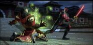 Kenshi slaying Shang Tsung, freeing his ancestors in his MK: Deadly Alliance Ending.