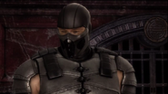 Smoke looks on remorsefully as Sub-Zero is taken by the Lin Kuei.