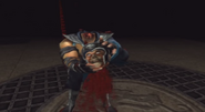 Havik pulling off his own head and holding it towards the camera.