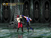 Sub-Zero battles one of the members of the Brotherhood of Shadows inside Shinnok's Fortress (Pyramid of Shinnok).