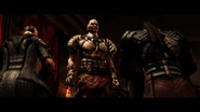 D'Vorah and Ermac bowing to the new emperor, Kotal Kahn.